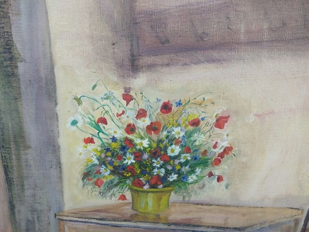 Ancien Tableau Sc&egrave;ne d'Int&eacute;rieur Bouquet de Fleurs Décoration