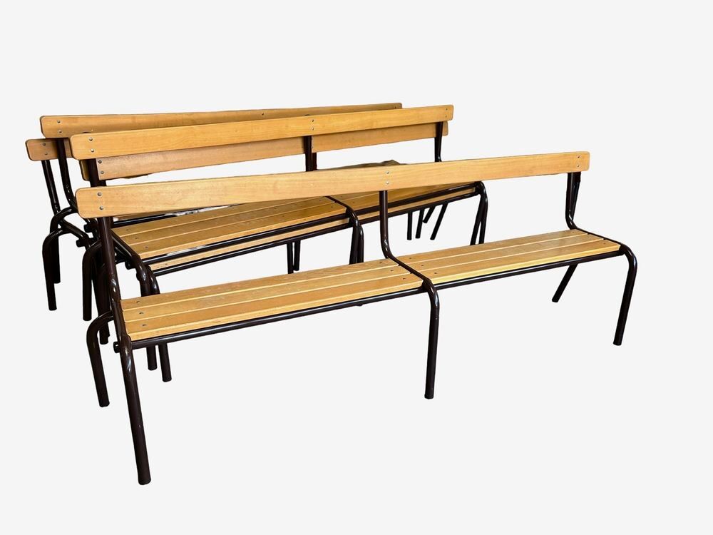 Bancs d'&eacute;cole bois clair et acier marron ann&eacute;es 80 Meubles