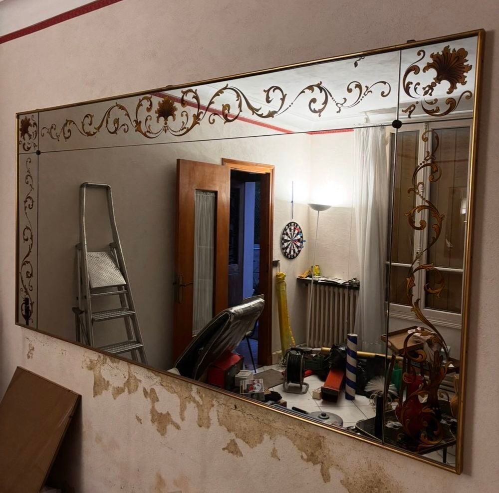 Tr&egrave;s grand miroir mural &eacute;glomis&eacute; €" d&eacute;cor &agrave; la feuille d'or €" 240 &agrave;- 120 cm Meubles