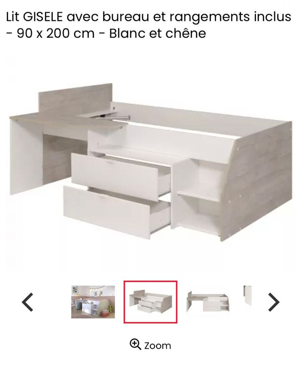Lit gis&egrave;le avec bureau et rangement inclus 90x200cm Meubles