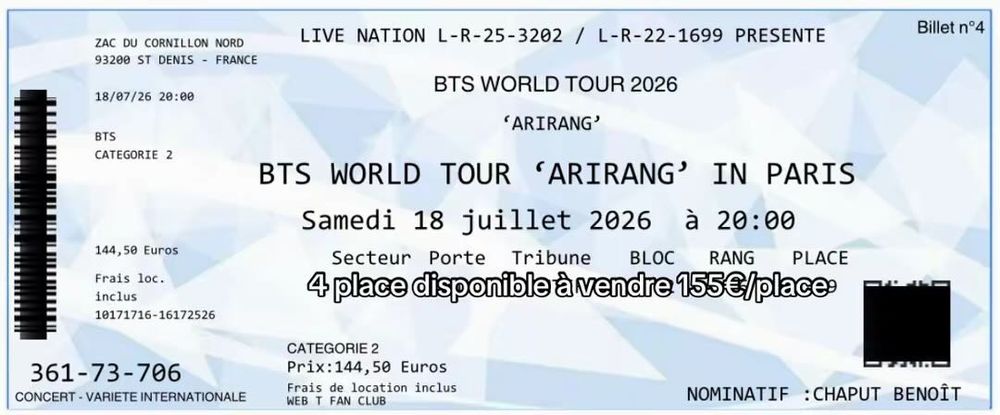 PLACE DE CONCERT BTS 18 juillet Billetterie