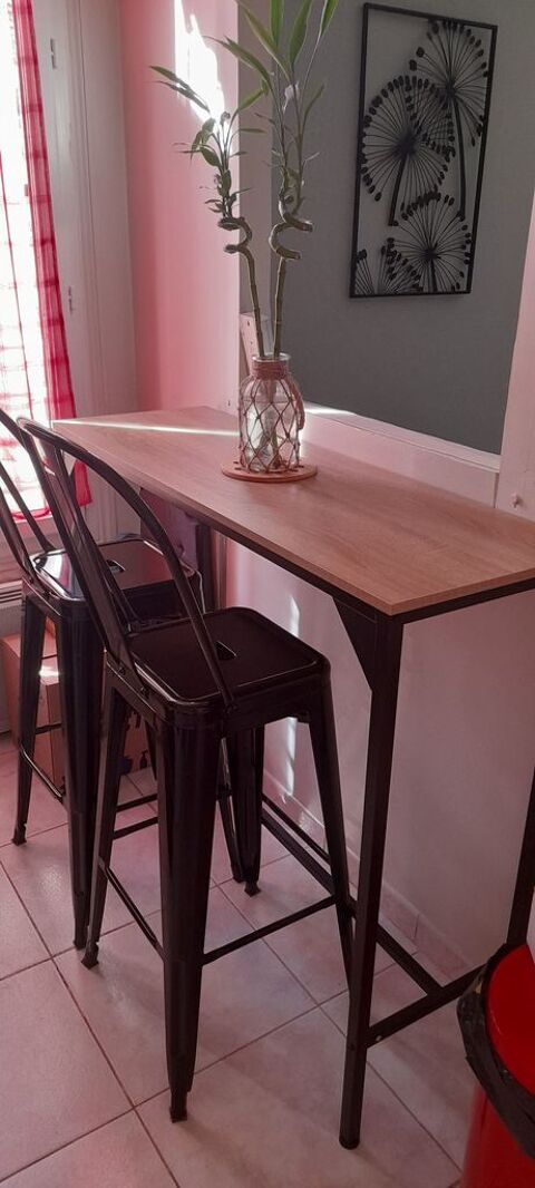 Table haute avec 2 tabourets métal noir 120 Beauchamp (95)