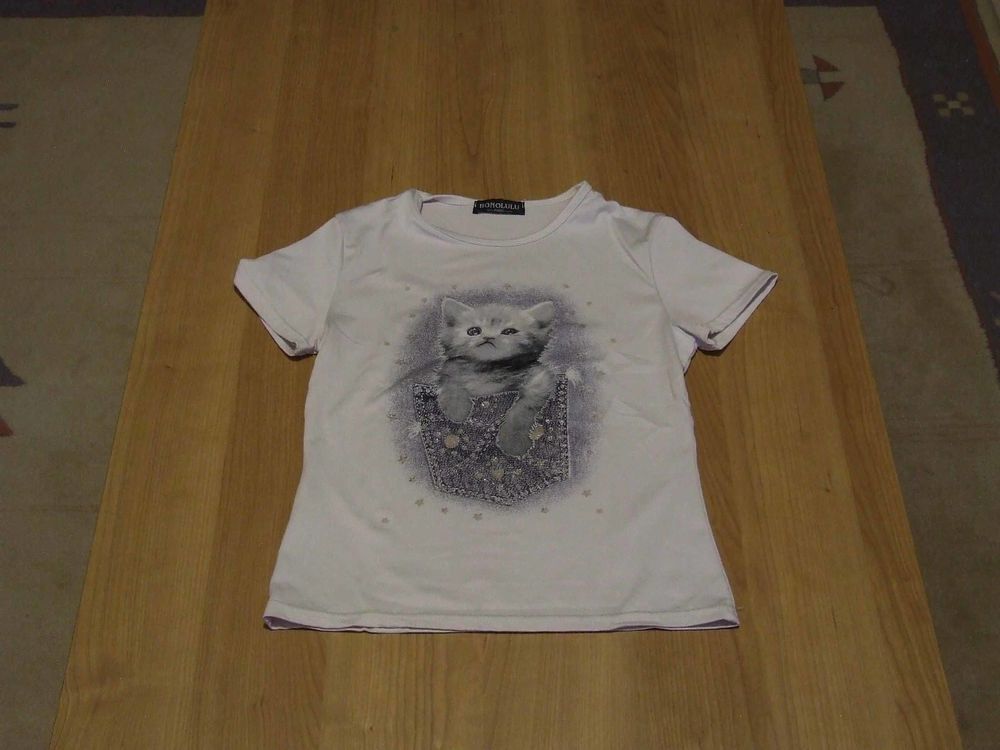Tee-shirt manches courtes, Blanc motif chat, 8&nbsp;ans, TBE Vtements enfants