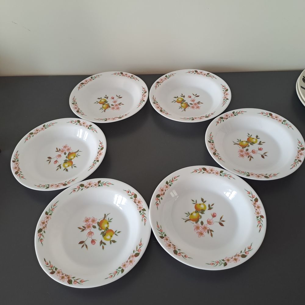 6 assiettes creuses Arcopal motif pommes et fleurs de pommie Cuisine