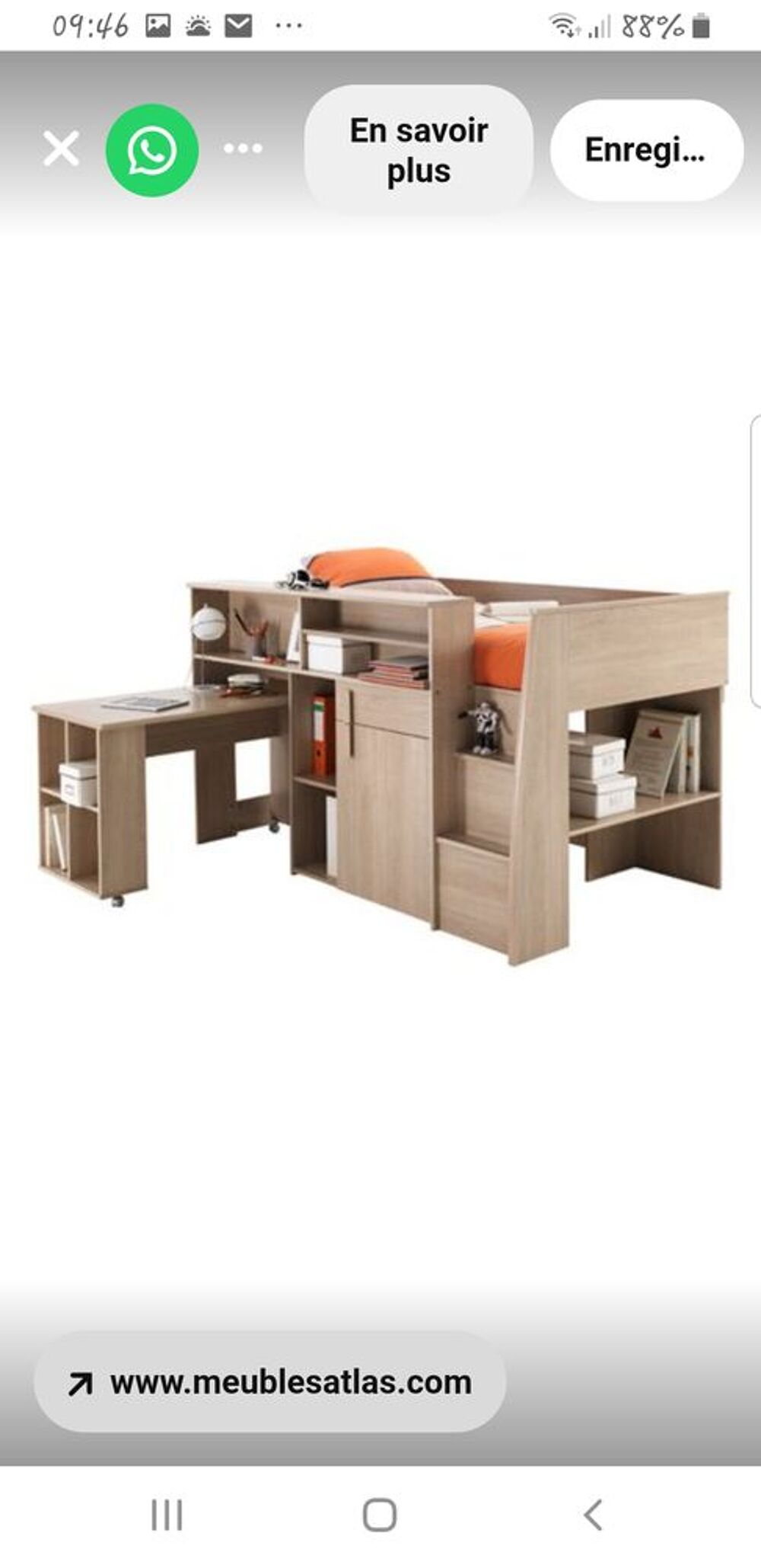 Lit sur&eacute;lev&eacute; 90&times;140 + commode et matelas Meubles