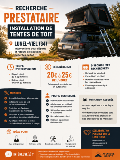 RECHERCHE PRESTATAIRE POUR INSTALLATION DE TENTES DE TOIT 0 34400 Lunel-viel