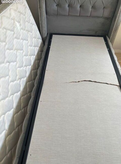 Lit coffre 90 x 200 cm avec tête de lit capitonnée - Daim- Gris + Matelas Vitry-sur-Seine (94)