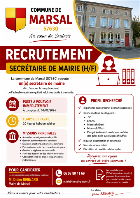 Recherche secr&eacute;taire de Mairie 0 57630 Marsal