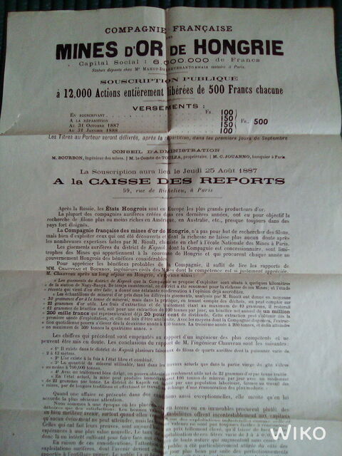 Anne 1887 achat d'actions concernant  Mines d'Or de Hongrie 8 Brtigny-sur-Orge (91)
