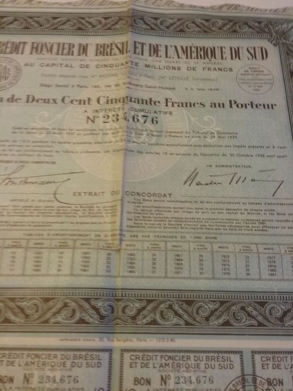Vieux documents obligations emprunts de 1929 