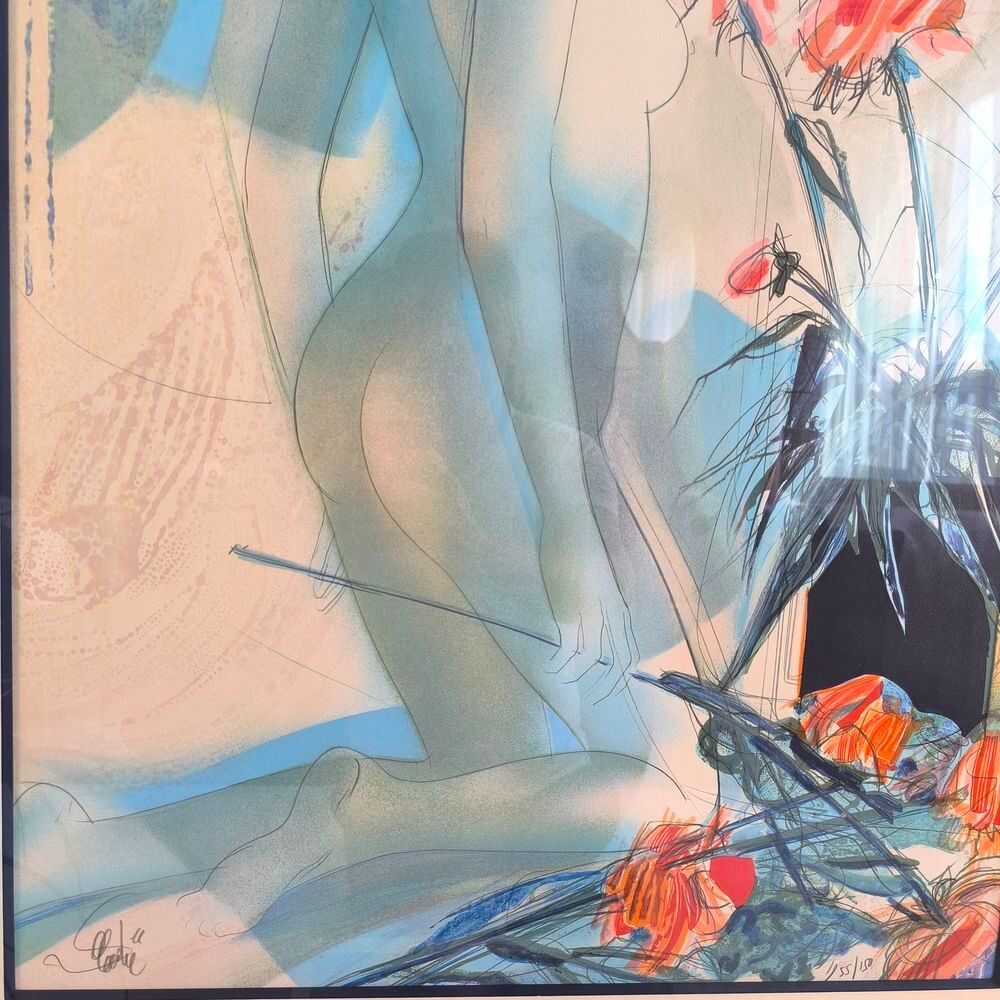 Magnifique lithographie sign&eacute;e ?'Nu Aux Dahlias'' 