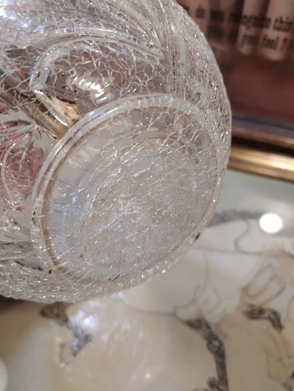 Vase Boule Art D&eacute; Verre Craquel&eacute; Feuilles de Marronnier 