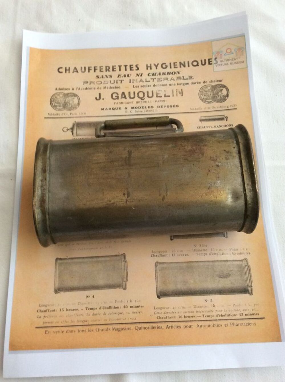 Ancienne Bouillotte Chaufferette Hygiénique J. GAUQUELIN sans eau ni  charbon N°47 Poids : 2,770 Kg - 20 x 6,5 x 11 cm