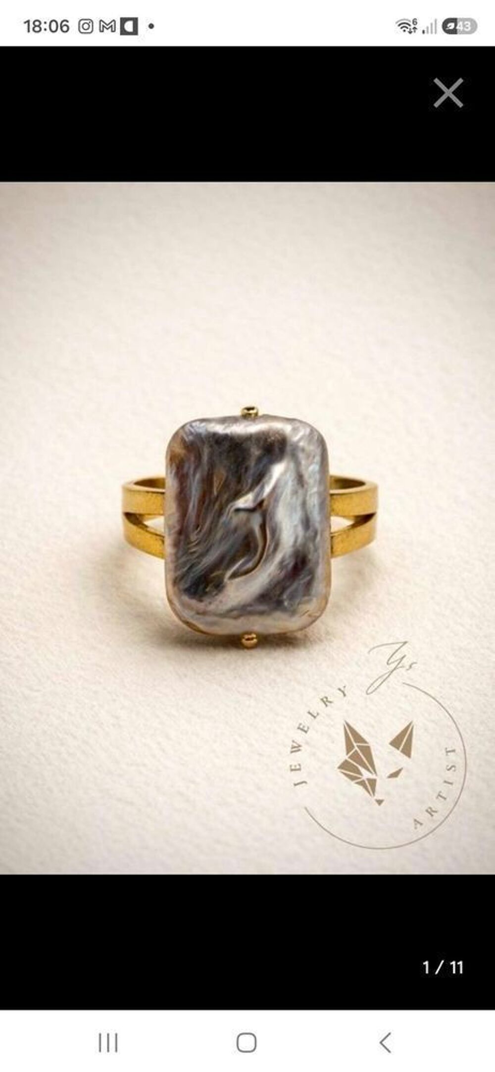 bague baroque perle et argent sterling 925 plaqu&eacute; or 21k Bijoux et montres
