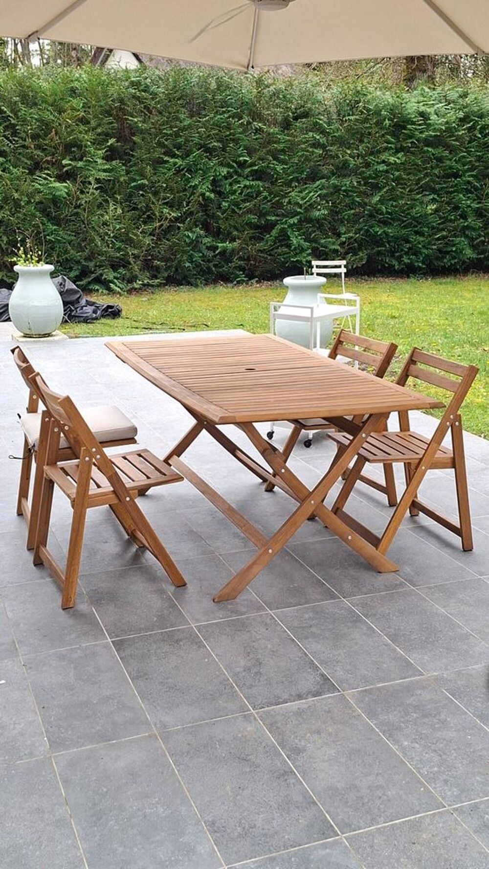 Table et chaises de jardin avec coussins. Jardin
