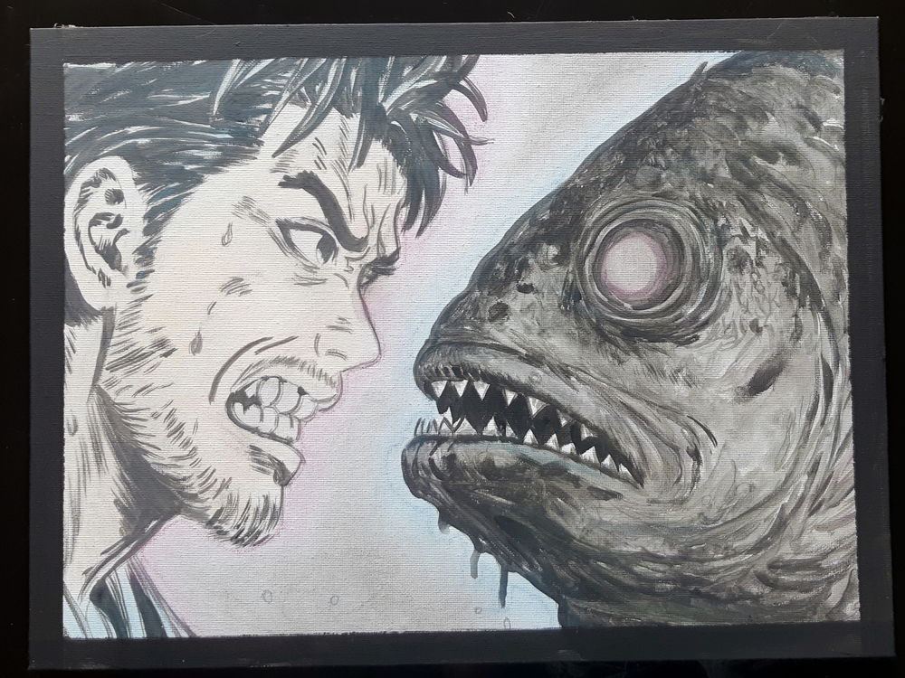human VS poisson - carton toil&eacute; 40 x 30 cm - peinture Décoration