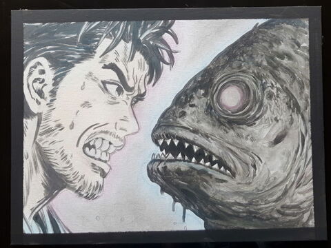 human VS poisson - carton toilé 40 x 30 cm - peinture 30 Fougères (35)