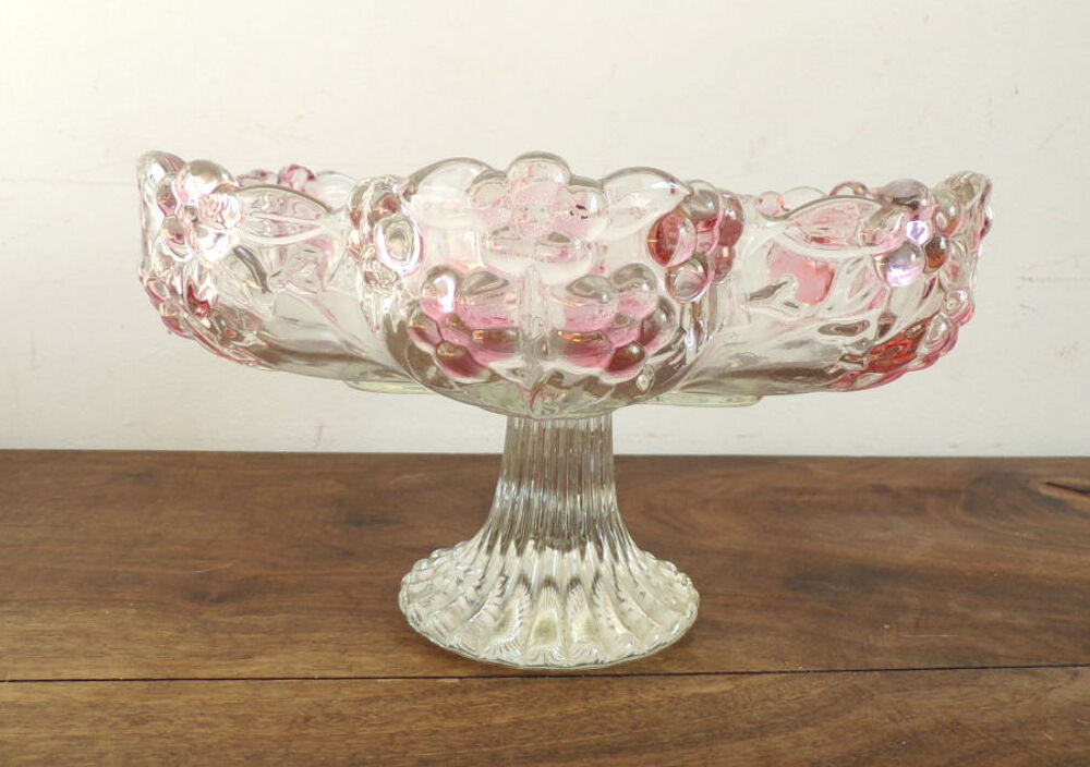 Compotier &agrave; pied en verre tr&egrave;s &eacute;pais motif &agrave; fleur rose p&acirc;le Cuisine