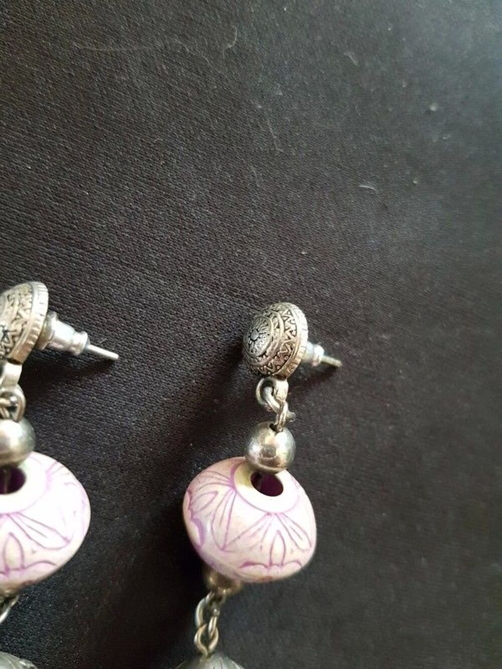 Boucle d oreille perle lilas et argent&eacute; neuf 6 cm 2 e Bijoux et montres