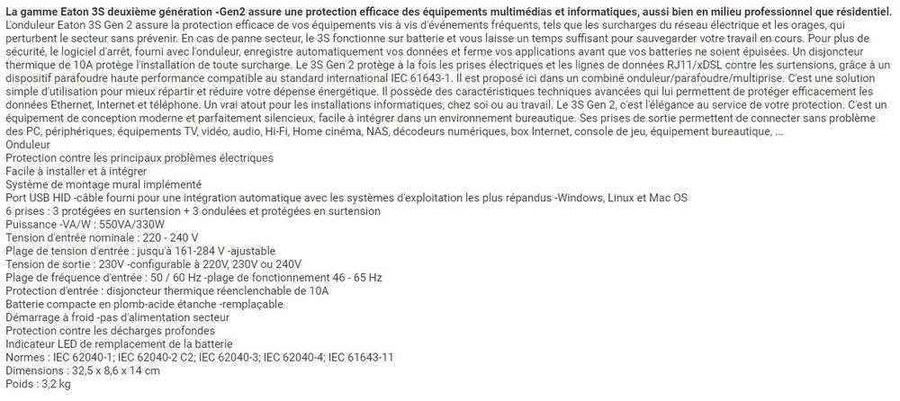 Onduleur Parafoudre, marque " EATON ", mod&egrave;le 3S 550FR Matériel informatique
