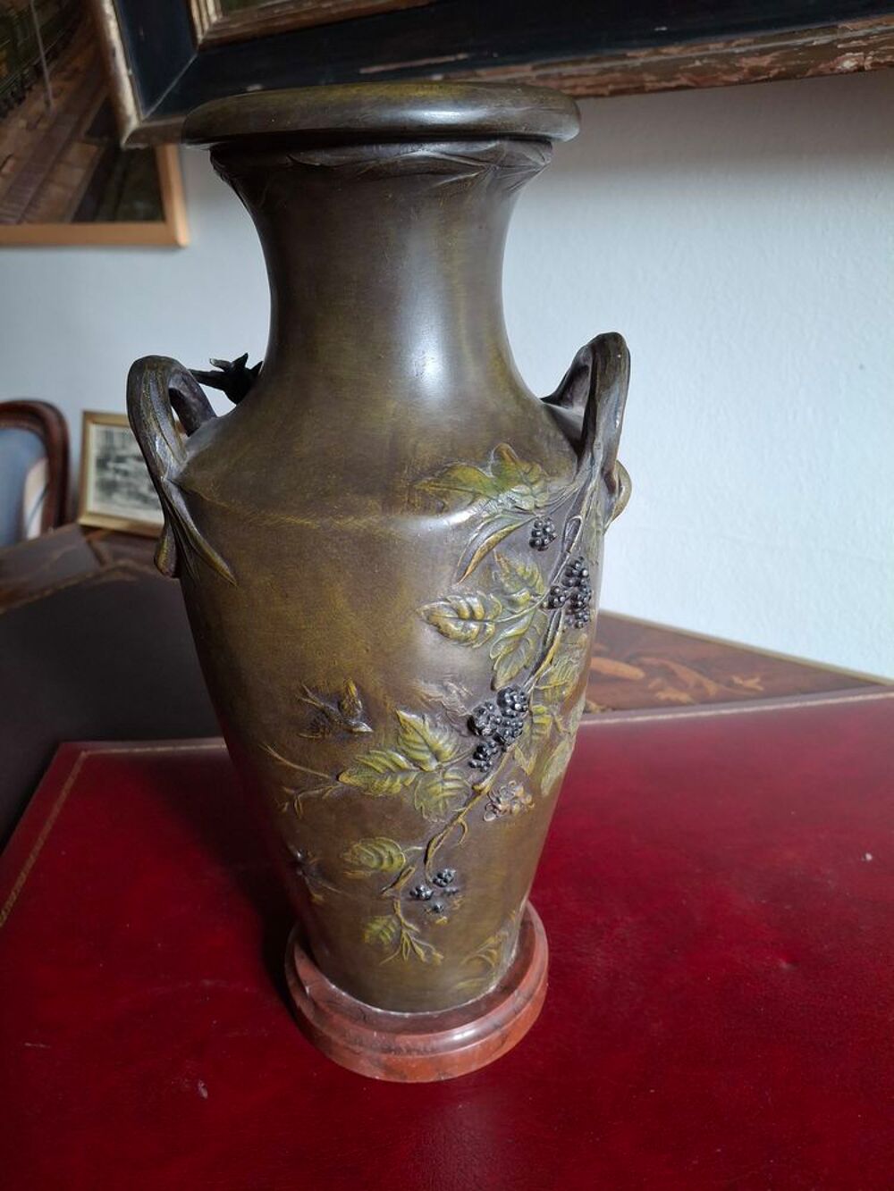 Paire vases art nouveau r&eacute;gule triple patine sign&eacute;s Moreau Décoration