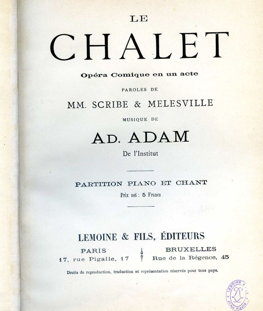 LE CHALET - Op&eacute;ra comique en un acte Livres et BD