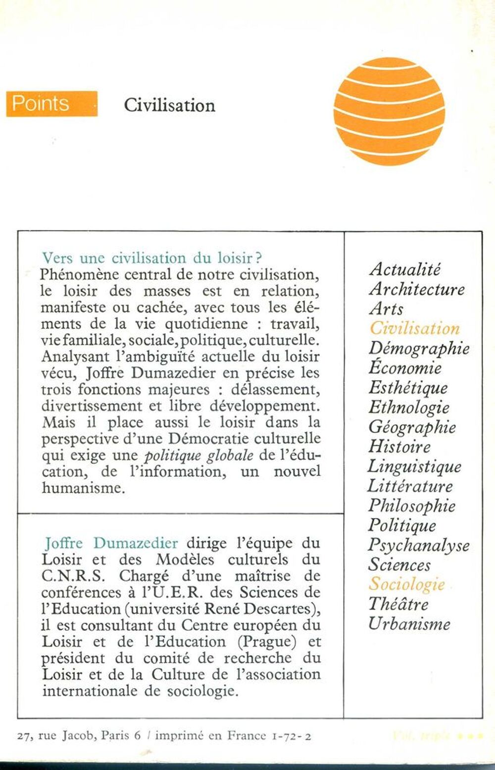 Vers une civilisation de loisirs ? Joffre Dumazedier, Livres et BD