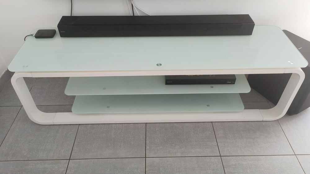 Meuble TV Design Miami Blanc 160 cm - Verre Tremp&eacute; - LED Meubles