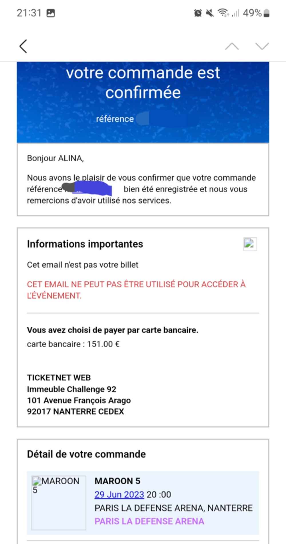 2 billets fosse Maroon 5 La Defense Arena 29 juin 2023 Billetterie