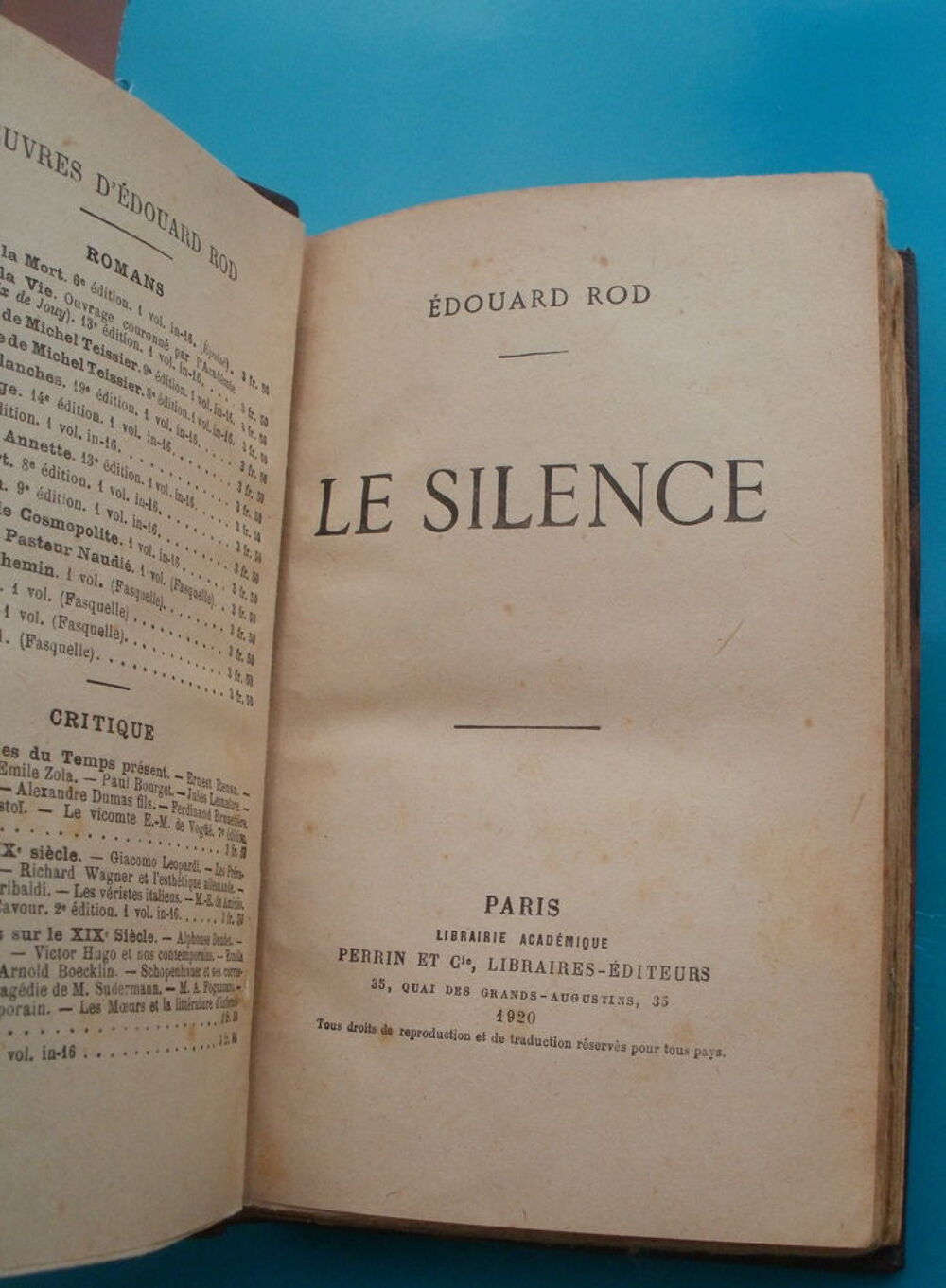 Edouard ROD Le silence - Perrin et cie - 1920 Livres et BD
