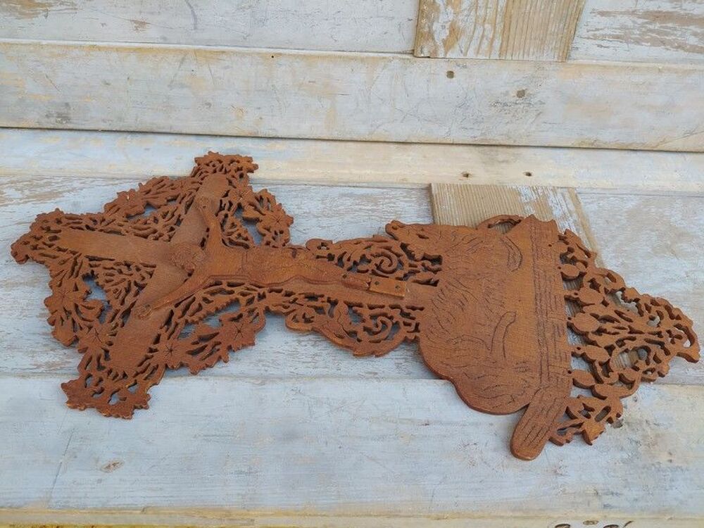 Ancien Crucifix Bois Chantourn&eacute; Croix Christ Religious Cross 