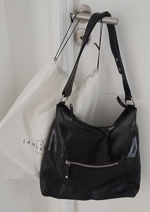 Grand sac cuir mixte verni noir Lamarthe + dust bag 80 Royan (17)