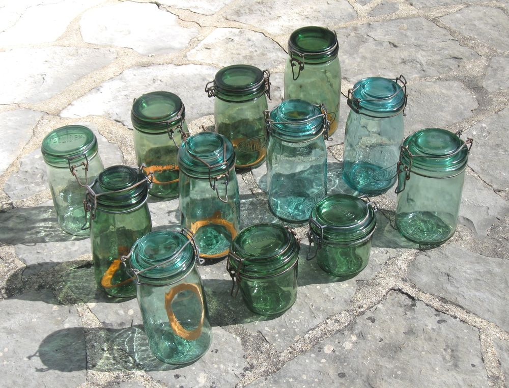 Lot de 12 Bocaux &agrave; conserves anciens de couleur verte Cuisine
