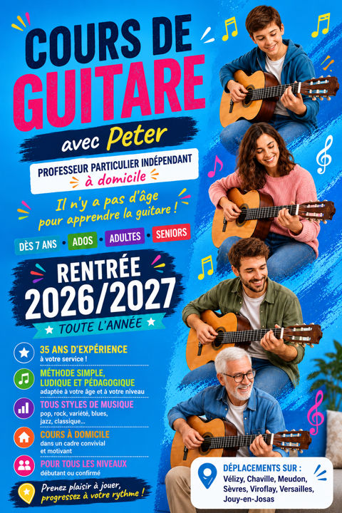Peter, PROFESSEUR DE GUITARE
COURS &Agrave; DOMICILE d&egrave;s 7 ans 0 78140 Vélizy-villacoublay