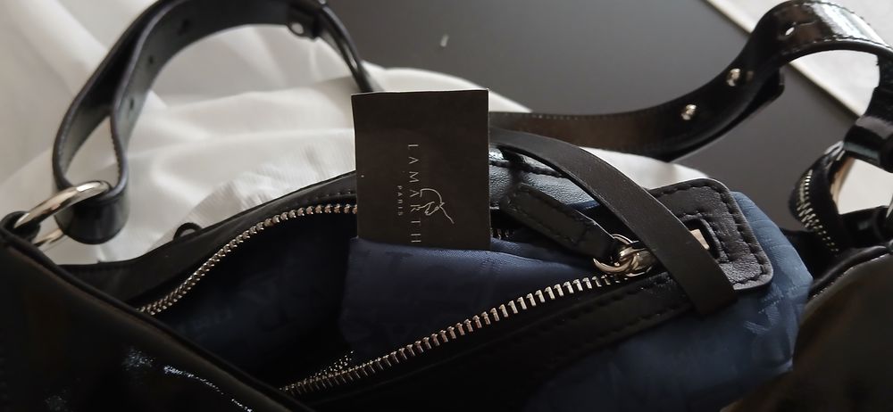 Grand sac cuir mixte verni noir Lamarthe + dust bag Maroquinerie