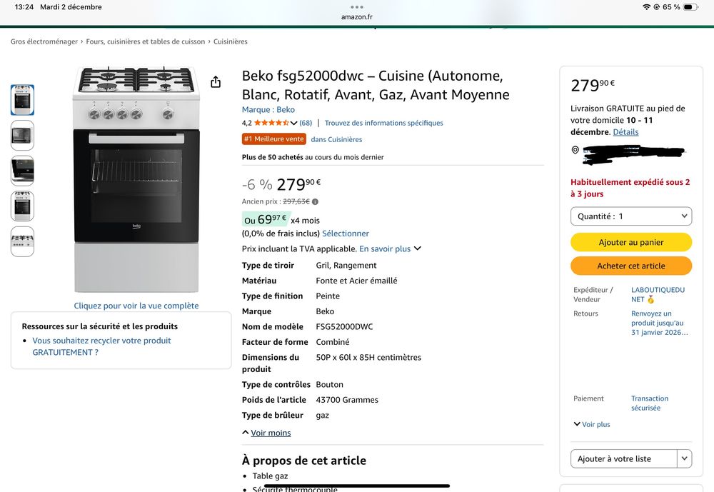 cuisini&egrave;re gaz (ville) Electroménager