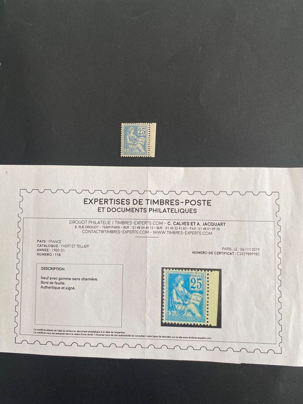 Mouchon 118 neuf** TBC sign&eacute; et certificat Calv&egrave;s 