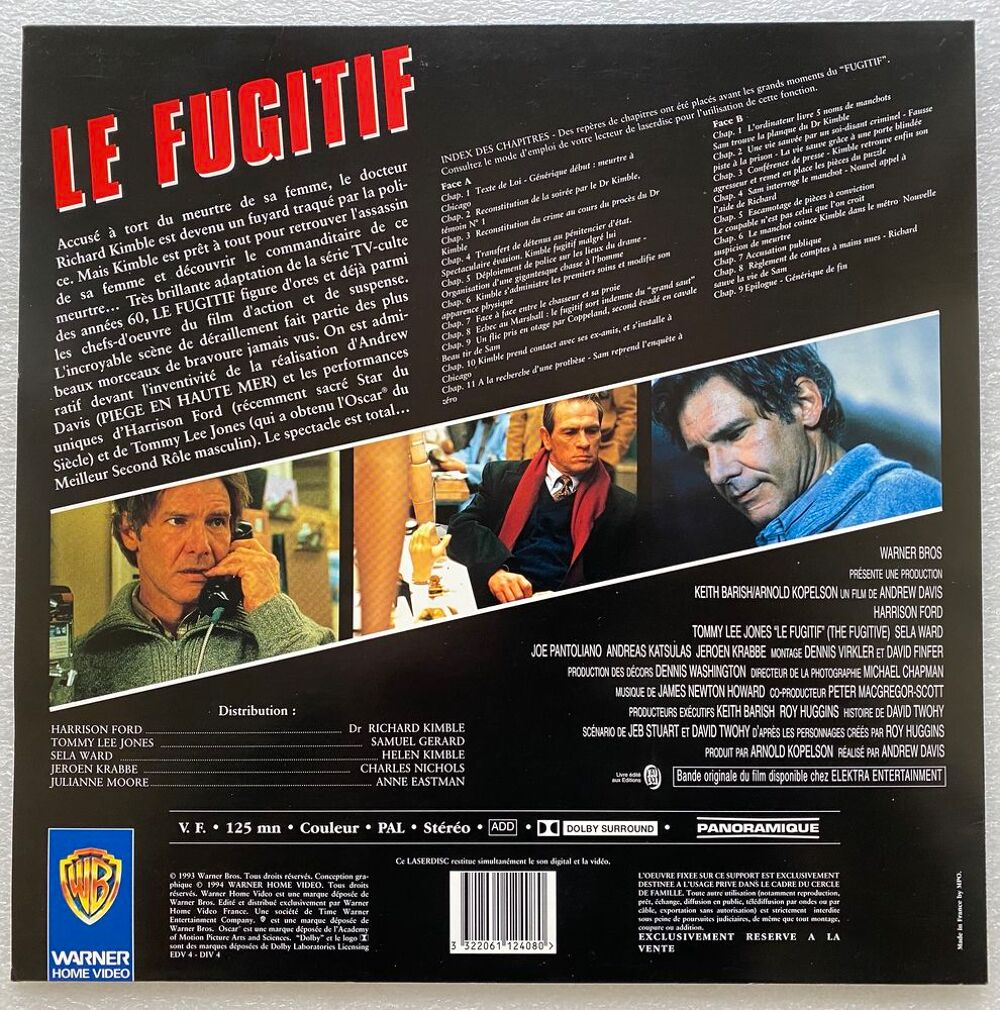 LASERDISC - LE FUGITIF - WB VF PAL - Harrison Ford, Tommy Le DVD et blu-ray