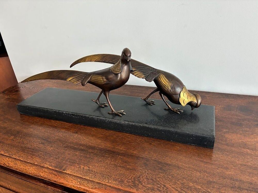 Sculpture en Bronze 2 faisans dor&eacute;s Art D&eacute;co Lorino Décoration