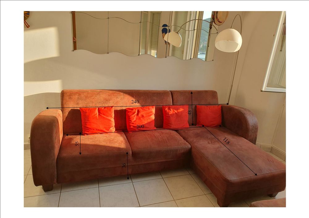 Canap&eacute; d'angle marron avec pouffe en tissu Meubles