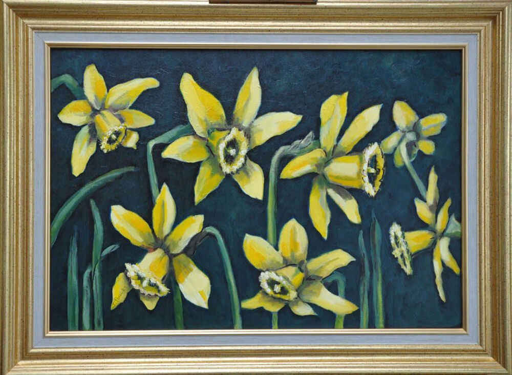 Tableau peinture &agrave; l'huile:" Premi&egrave;res jonquilles" Décoration