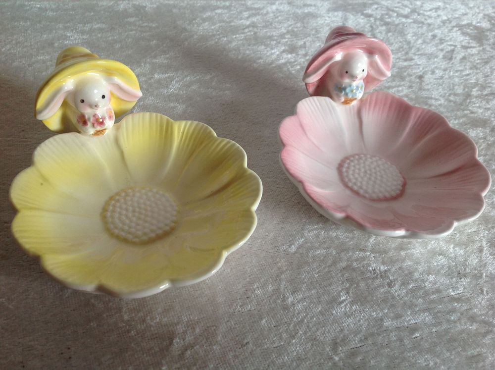 DEUX VIDE POCHE LAPIN C&Eacute;RAMIQUE ROSE ET JAUNE Envoi Possible Décoration