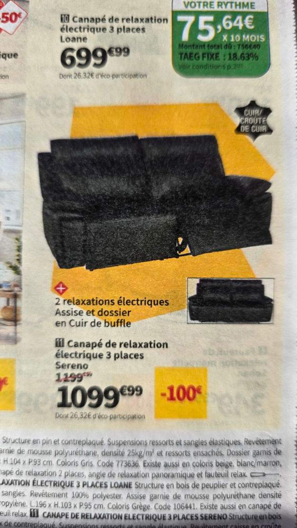 Canap&eacute; 3 places noir cuir &eacute;lectrique Meubles