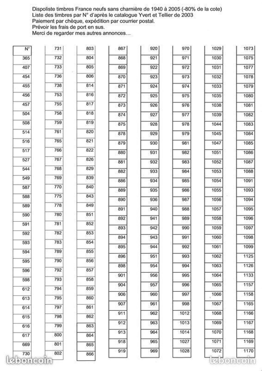 Dispoliste timbres France neufs sans charni&egrave;re 