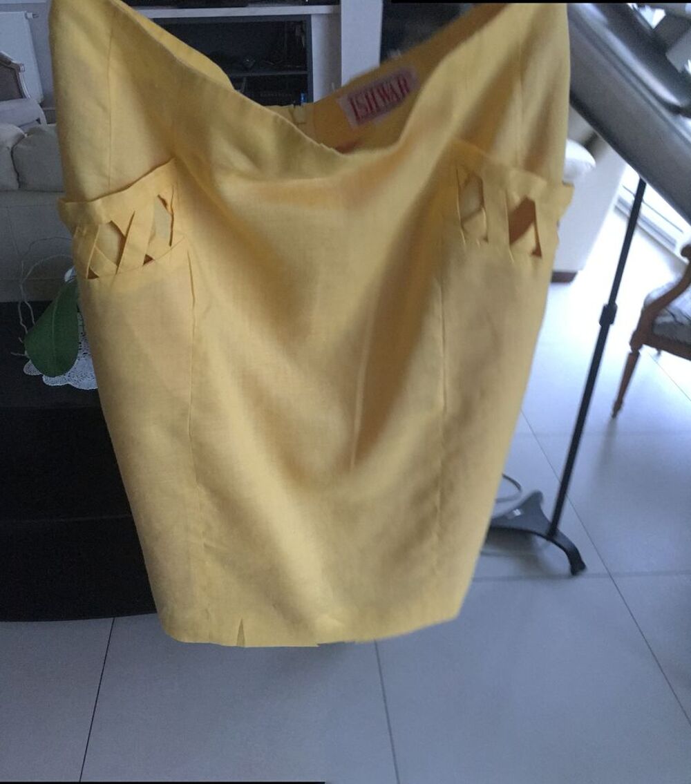 ENSEMBLE EN LIN &eacute;t&eacute;, jupe et veste jaune, ISHWAR, taille 42 Vtements