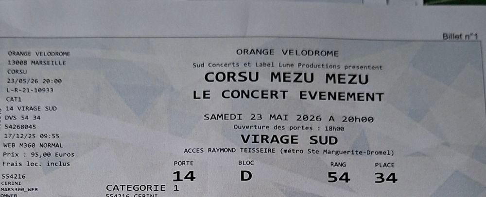 1 place concert CORSU MEZU MEZU 
Billetterie
