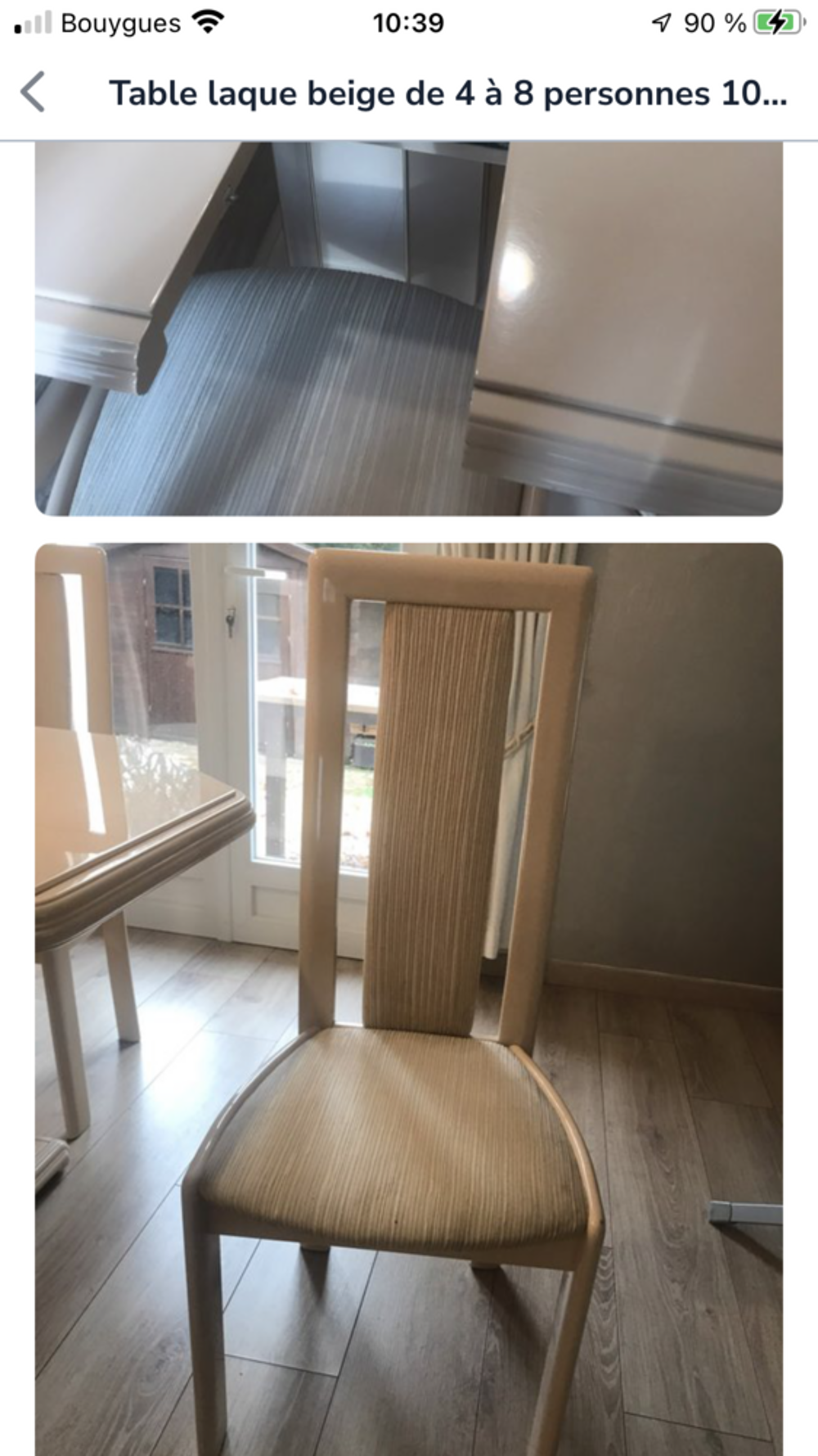 Table octogonale en bois laqu&eacute; beige avec 4 chaises Meubles