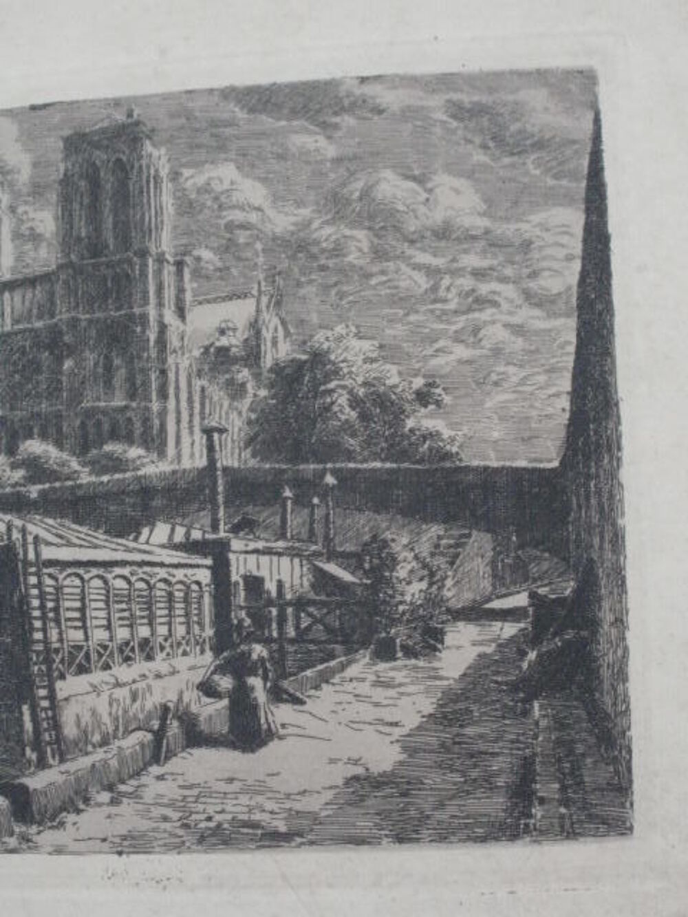 Gravure NOTRE DAME et les bateaux lavoirs sur la Seine Décoration