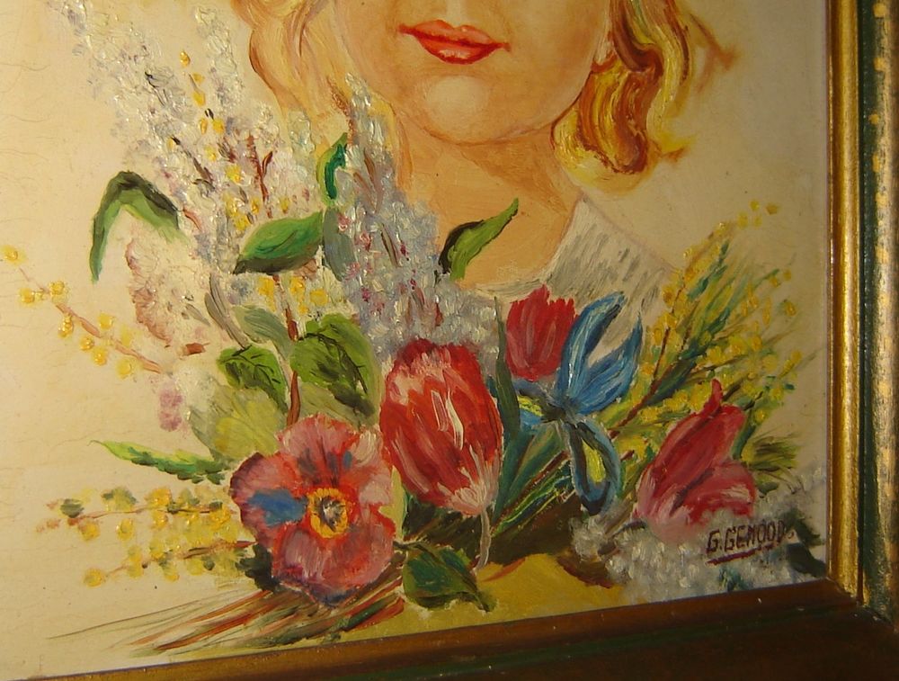 Tableau ancien portrait fille sign&eacute; G. Gemoud 1943 Décoration