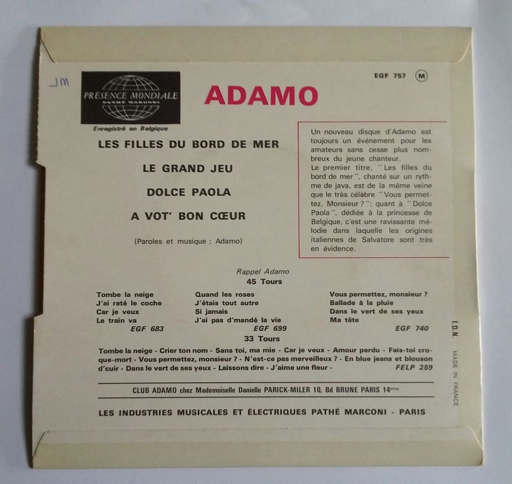 Vinyle : Adamo : 45 tours : 4 titres CD et vinyles